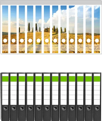 Produktbild von Wallario 12 Stück schmale Ordner inkl. Klebeetiketten mit Motive Italien - Toskana unter blauem Himmel  einsame Farm -  Set mit Rückenschildern / Ordnerrücken Stickern