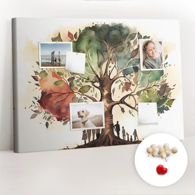Produktbild von Korkwand mit Stecknadeln – Schwarzes Brett mit Stecknadeln für Fotos und Notizen – 100x70 cm – 100 Holz-Stecknadeln – Stammbaum