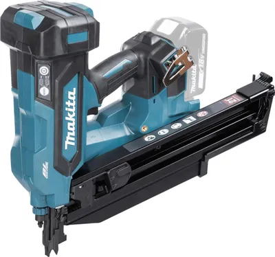 A cordless nail gun is shown against a white background.