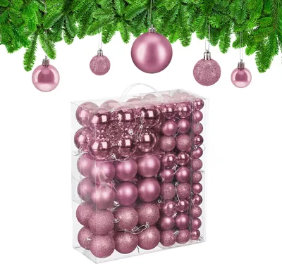 Image de Lot de 138 boules de Noël Relaxdays, en plastique, boules scintillantes, mates et brillantes, décorations pour sapin de Noël, rose