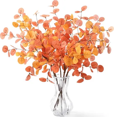 Produktbild von 6 Stück Herbststiele, Eukalyptus, Erntedankfest-Dekor, künstliche große Eukalyptusblätter, Herbstdekor, Herbstdekorationen für Herbst, Halloween, Bauernhaus, Blumenarrangement