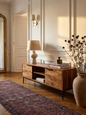 Produktbild von Lowboard Sheesham Massivholz 147x51x38 cm TV-Kommode mit zwei Türen, Design TV-Schrank Hoch, Fernsehtisch Fernsehschrank Modern, Fernsehkommode Wohnzimmer