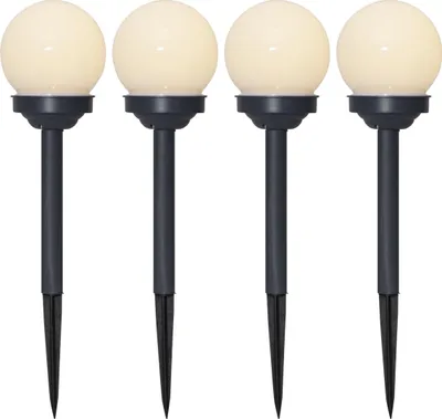 Four globe-shaped garden lights on white background.