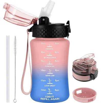Produktbild von Trinkflasche Kinder 350ml mit Strohhalm BPA-frei Zeitmarkierung Auslaufsicher Rosa Blau