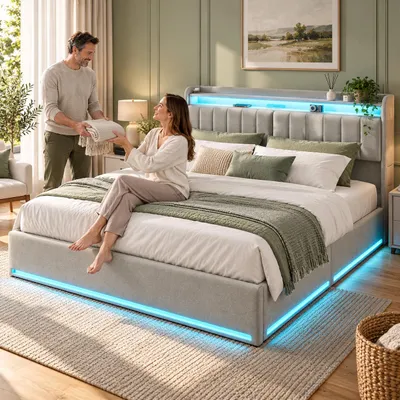 Productafbeelding van Gestoffeerd boxspring bed 160x200 cm, LED-verlichting, USB-poorten, hydraulische opbergruimte, tweepersoonsbed met lade, lattenbodem, fluweel, grijs