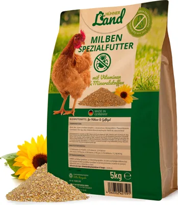 Produktbild von HÜHNER Land Milben-Spezial Hühnerfutter mit Vitaminen & Mineralstoffen 5kg - Ohne Farbstoffe & Zuckerzusätze, Premium Körner- und Saatmischung, Abwechslung Hühner Alleinfutter