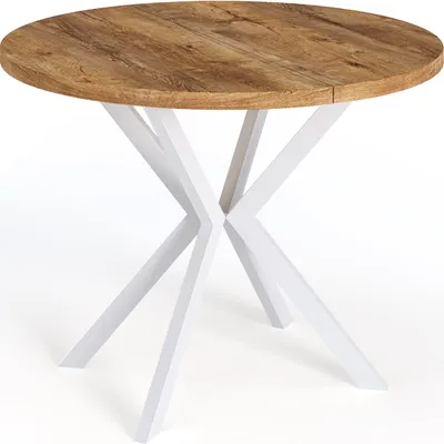 Produktbild von Runder Ausziehbarer Esstisch für 6-10 Personen - Loft Style Tisch mit Weißen Metallbeinen - 90 bis 120 cm - Industrieller Tisch für Wohnzimmer - Spacesaver - Lefkas Eiche - 100 cm