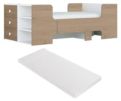 Produktbild von Mitwachsendes Bett mit Stauraum + Matratze - 90 x 140/170/200 cm - Holzfarben & Weiß - GAROLIO
