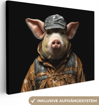 Produktbild von MuchoWow® - Leinwandbilder - Schwein - Porträt - Schwarz - Tier, Wandbild, Wanddeko Bilder Wohnzimmer, 40x30 cm