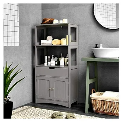 Produktbild von Badezimmerschrank mit Schublade und 4 Regalen, Holzregal in Grau