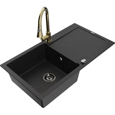 Obrázek produktu pro Mexen Leo 1-miskový granitový dřez s odkapávačem a kuchyňskou baterií Elia, Černá - 6501-77-670101-50-B