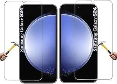 Two Samsung Galaxy S24 screen protectors are shown, each being tested with a small hammer to demonstrate durability. The screen protectors are transparent and show a blue circular graphic on the phone screen.
