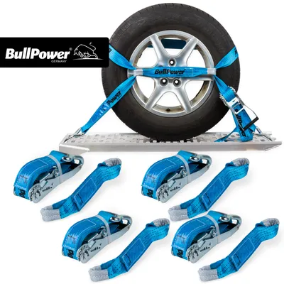 Produktbild von Bullpower Autotransport Radsicherungsgurte 4er Set AZG251, 50mm Gurt x 315cm, 40cm Trapezband, 16mm Haken. 4000kg Umreifung / 2000daN gerader Zug, STF 250daN, <4% Dehnung, DIN EN12195-2. PES, Stahl verzinkt, blau. Für PKW, Quad, Transporter.