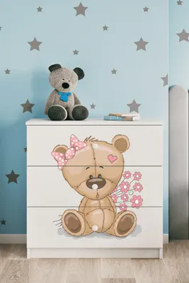 Produktbild von Kinderkommode mit Schubladen Teddybär Blumen in der Farbe Weiß Babydreams