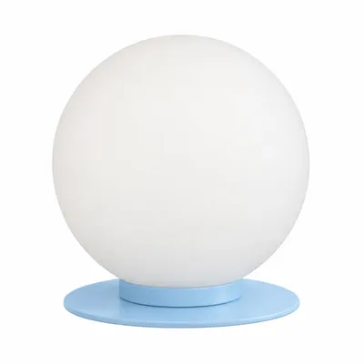 Produktbild von Honsel-LeuchtenKugelleuchte PASTELL 15cm Ø – Tischleuchte aus Glas in Weiß, Sockel hellblau, E14 Fassung, KI-generiertes Bild