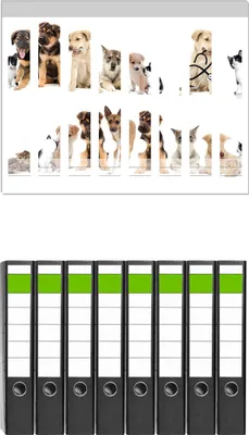 Produktbild von Wallario 8 Stück schmale Ordner inkl. Klebeetiketten mit Motive Süße Haustiere - Katzen  Hunde  Hamster  Küken -  Set mit Rückenschildern / Ordnerrücken Stickern