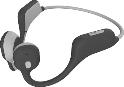 A pair of dark gray and light gray bone conduction headphones shown from a side angle against a white background.