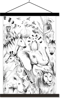 Produktbild von MuchoWow® Textilposter Aquarelle - Tiere - Dschungel - Pastell - Jungen - Mädchen - Kinder - Kinder 40x60 cm mit schwarzem Rahmen - Wanddekorationen