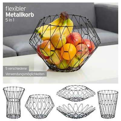 Produktbild von Flexibler Metallkorb, 5 in 1, schwarz, Obstkorb, Dekokorb, Drahtkorb, Schale, Küche, Geschenk