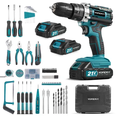 Image de Perceuse-visseuse sans fil 60 Nm Kit visseuse sans fil Perceuse sans fil 2 vitesses, couple 25+3, avec 2 batteries, 53 accessoires, coffret, LED, perceuse 10 mm
