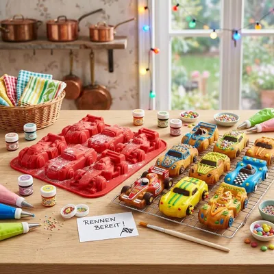 Produktbild von GKA XL Silikonbackform Rennwagen 27 cm Autos Auto Silikonform Kuchen Backen Kindergeburtstag Rennauto Silikon Backform 6 Formen Kuchenform Muffinform Muffin