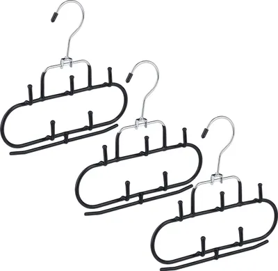 Immagine prodotto di Set di 3 ganci per cinture Relaxdays, 5 ganci, barra di sostegno, antiscivolo, ganci per accessori, cravatte, cinture, sciarpe, metallo, nero
