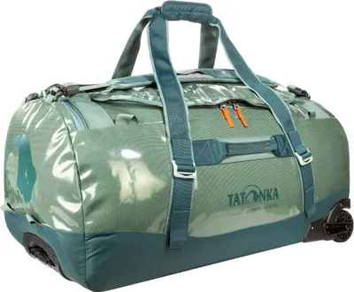 A green duffel bag with wheels and teal straps is shown against a white background.