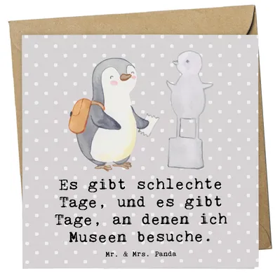 Produktbild von Mr. & Mrs. Panda Klappkarte Pinguin Museum besuchen - Grau Pastell - Geschenk, Grußkarte, faltkarte, Glückwunschkarte, anlasskarte, doppelkarte, Museen
