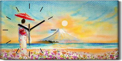 Produktbild von Wandbild Leinwand Bilder mit Uhr 60x30 Malerei Berg Fuji Japan Blumen Kunst - schwarze Hände