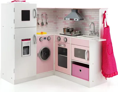 Produktbild von GOPLUS Kinder Eckeküche Spielset, Kinder Spielküche mit Licht & Sound, Spielzeugküche Holzküche mit Spüle, Backofen,Mikrowelle, Herd & Kochgeschirr für 3+ Jahren