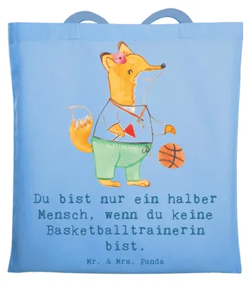 Produktbild von Mr. & Mrs. Panda Baumwolltasche Basketballtrainerin Herz - Sky Blue - Geschenk, Basketballcoach, Ballsport, Tote Bag, Sport, Tasche, Basketball, Verein, Jutebeutel, Uni