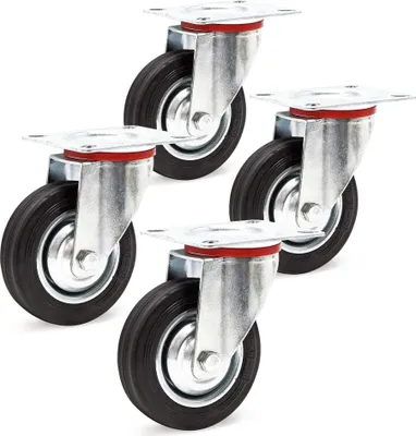 Produktbild von Wiltec Lenkrollen Set 4x Transportrolle mit Vollgummirad Ø100mm bis 70kg pro Rad mit Metallfelge und Anbauplatte, leiser Lauf, Transportrollen Möbelrollen Laufrollen