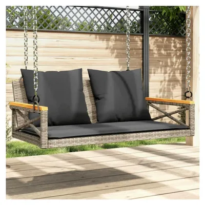 Produktbild von Hängebank mit Kissen, Hängeschaukel mit Befestigungsringen, Schaukelbank für den Außenbereich, Gartenschaukel Grau 109x62x40 cm Poly Rattan für Garten, Terrasse, Balkon