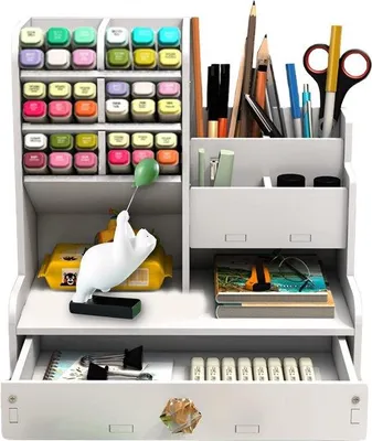 Immagine prodotto di Organizzatore da scrivania Unyqoos® – bianco, grande capacità, portapenne fai-da-te con cassetto, organizer per scuola, casa e ufficio (PB17)