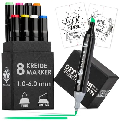 Produktbild von OfficeTree Kreidemarker Set, 8 bunte Kreidestifte, abwaschbar, inklusive 2 Malvorlagen als Download