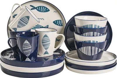Obrázek produktu pro BELIANI Sada 16 kusů bílé a modré porcelánového nádobí pro 4 osoby s motivem ryb do kuchyně jídelny
