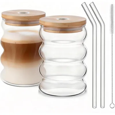 Image de Ensemble de 2 verres pour Latte Macchiato, capacité de 480 ml, avec paille en verre et couvercle en bambou