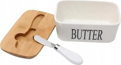 Produktbild von Montessa Butterdose aus Keramik mit Holzdeckel und praktischem Buttermesser