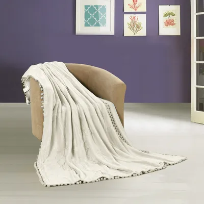Zdjęcie produktu dla Przytulny koc biały kremowy narzuta z pomponami mikrofibra koc na sofę przytulny puszysty koc na kanapę koc 130x180 cm