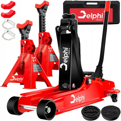 Immagine prodotto di Delphi Tools 3T-PRO: set di attrezzi per officina – cric idraulico da 2,5 tonnellate e 2 cavalletti di supporto da 3 tonnellate, in valigetta
