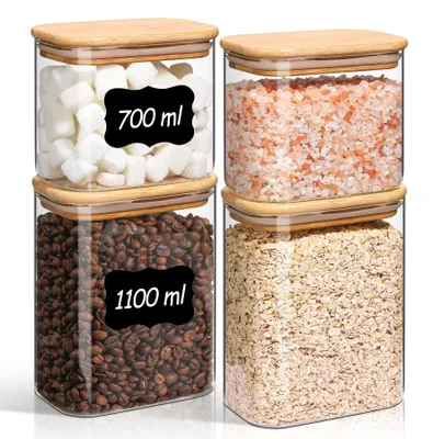 Immagine prodotto di Set di 4 contenitori in vetro con coperchio, da 700-1100 ml, ideali per conservare alimenti secchi