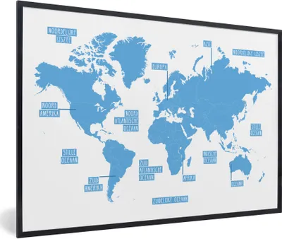 Produktbild von MuchoWow® Gerahmtes Poster Weltkarte - Blau - Einfach 90x60 cm - Poster mit Schwarzem Bilderrahmen Wandposter Rahmen Foto Bilder - Fotorahmen - Foto-Plakat