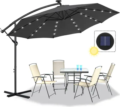Produktbild von Sessamen-LP Alu Sonnenschirme 300cm höhenverstellbarer mit Solarbetriebene Warmweiß LED - Dunkelgrau Gartenschirm Balkonschirm Terrasse UV Schutz 40+ (300cm mit solar LED,Dunkelgrau)