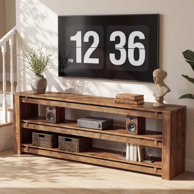 Image de Meubles TV en bois massif (environ 160 cm) pour téléviseurs jusqu'à 75 pouces, meuble TV à 3 niveaux, meuble TV de style rustique avec espace de rangement – console multimédia