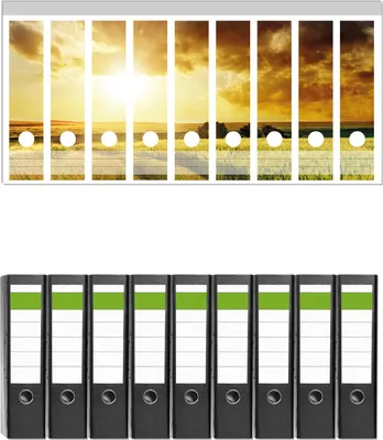 Produktbild von Wallario 9 Stück breite Ordner inkl. Klebeetiketten mit Motive Feldweg in den Sonnenuntergang -  Set mit Rückenschildern / Ordnerrücken Stickern