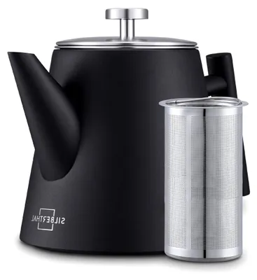 Produktbild von Edelstahl Teekanne mit Siebeinsatz (1L) Schwarz - Doppelwandige Kanne mit Deckel - Hält lange warm - Tee Geschenk