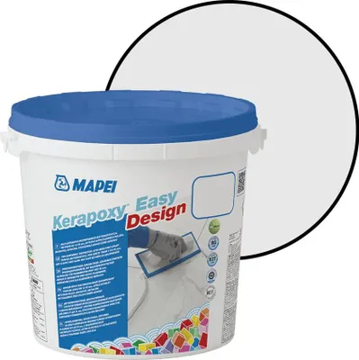 A bucket of MAPEI Kerapoxy Easy Design grout with a circular graphic behind it.