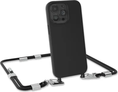 Produktbild von EAZY CASE Handykette Silikon mit Clips 2 in 1 kompatibel mit Apple iPhone 13 Pro Handyhülle mit Umhängeband, Handykordel mit Silikon, Hülle mit Band, Schwarz - Clips Silber