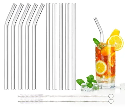 Produktbild von Glasstrohhalme 10 Stück Wiederverwendbar Gerade & Gebogen 20cm mit Reinigungsbürsten