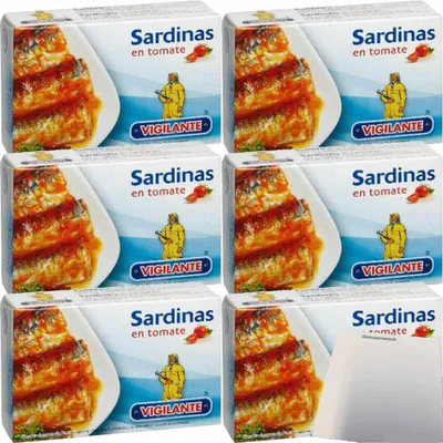 Produktbild von Vigilante Sardinen in Tomatensauce, Sardinas en tomate 6er Pack (6x120g Dose) + usy Block